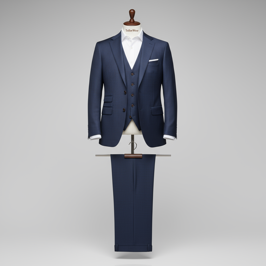 Bespoke 3-piece suit for men in VBC Blue-Grey Sharkskin wool featuring a matching waistcoat for formal wedding and boardroom protocol