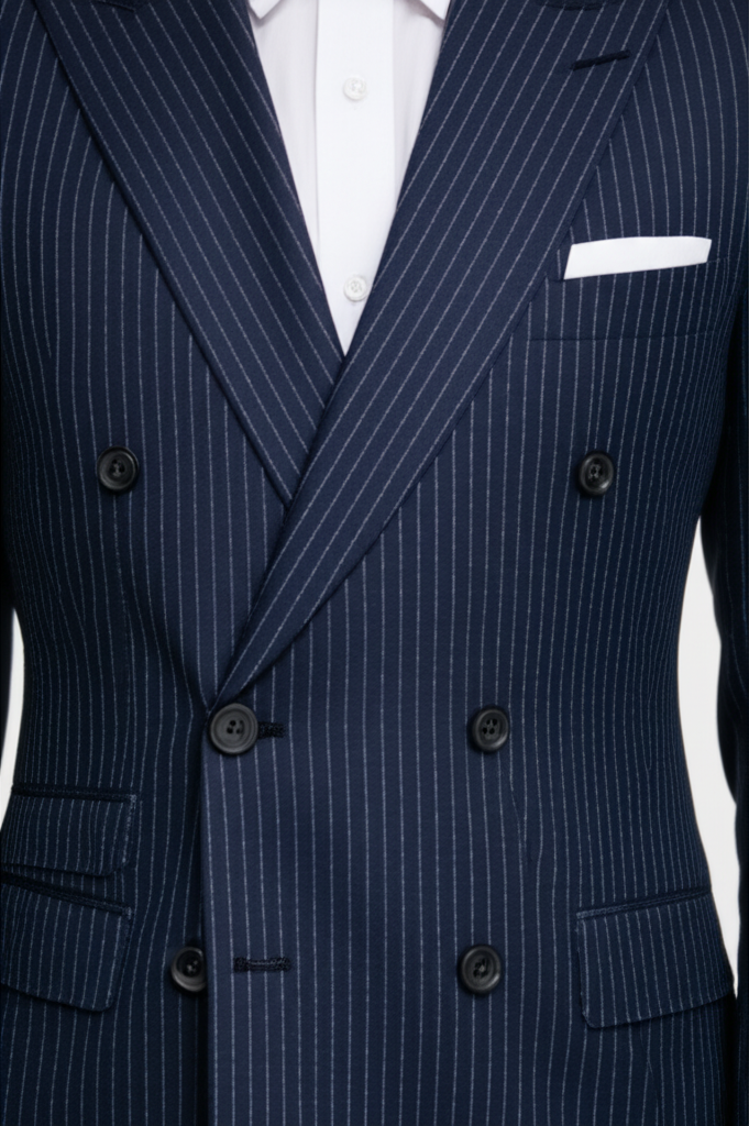 Double-breasted chalk stripe suit for men in Guabello dark blue wool featuring peak lapels and a bold six-button silhouette.