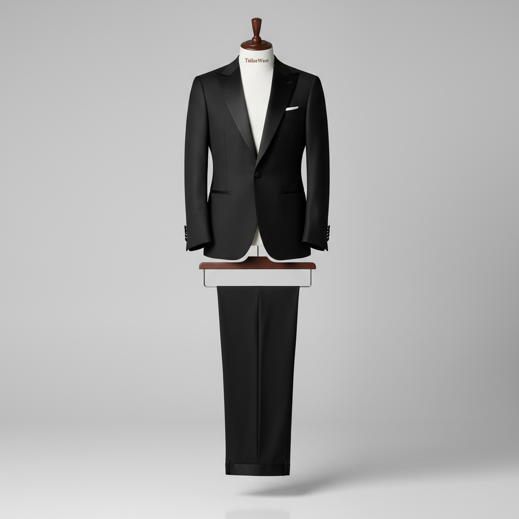 TailorWear black tuxedo suit in superfine wool–silk by Scabal, featuring a wide notch lapel and bespoke tailoring for men’s formal black-tie occasions.