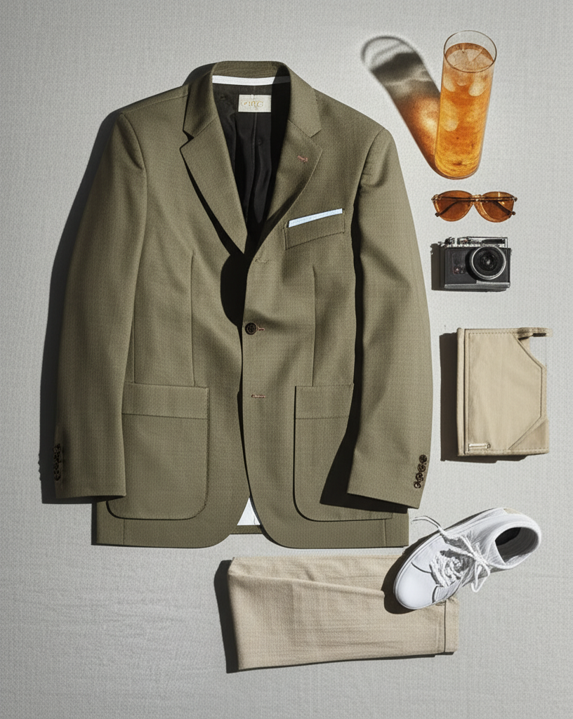 Flat lay of summer spezzato outfit featuring a beige linen-cotton jacket, olive chinos, and white minimalist sneakers, illustrating an effortless smart-casual weekend look for brunches, travel, and dates in modern men’s style.