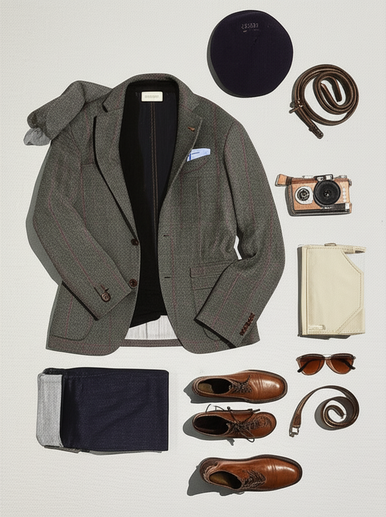 Flat lay of a winter spezzato outfit featuring a charcoal tweed herringbone blazer, cream wool trousers, and dark brown Chelsea boots, illustrating a refined cold-weather spezzato combination for evenings, book launches, formal travel, and dinner occasions.