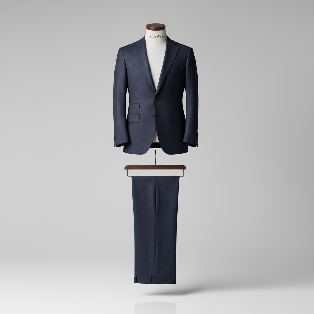 Blue-grey sharkskin banker’s suit displayed on a mannequin, tailored in 100% wool from Vitale Barberis Canonico, illustrating ideal suit colors and refined fabric choices for professional dressing in Indian banking environments.