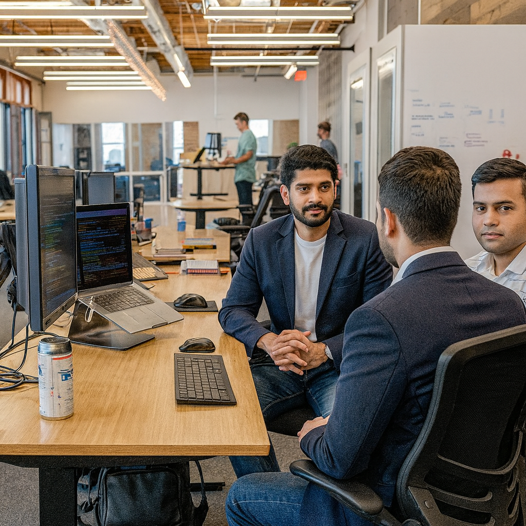 Men in a modern office interview setting wearing smart-casual creative industry attire, illustrating how structured blazers, textured shirts, and tailored trousers balance personality and professionalism for media, design, and marketing job interviews.