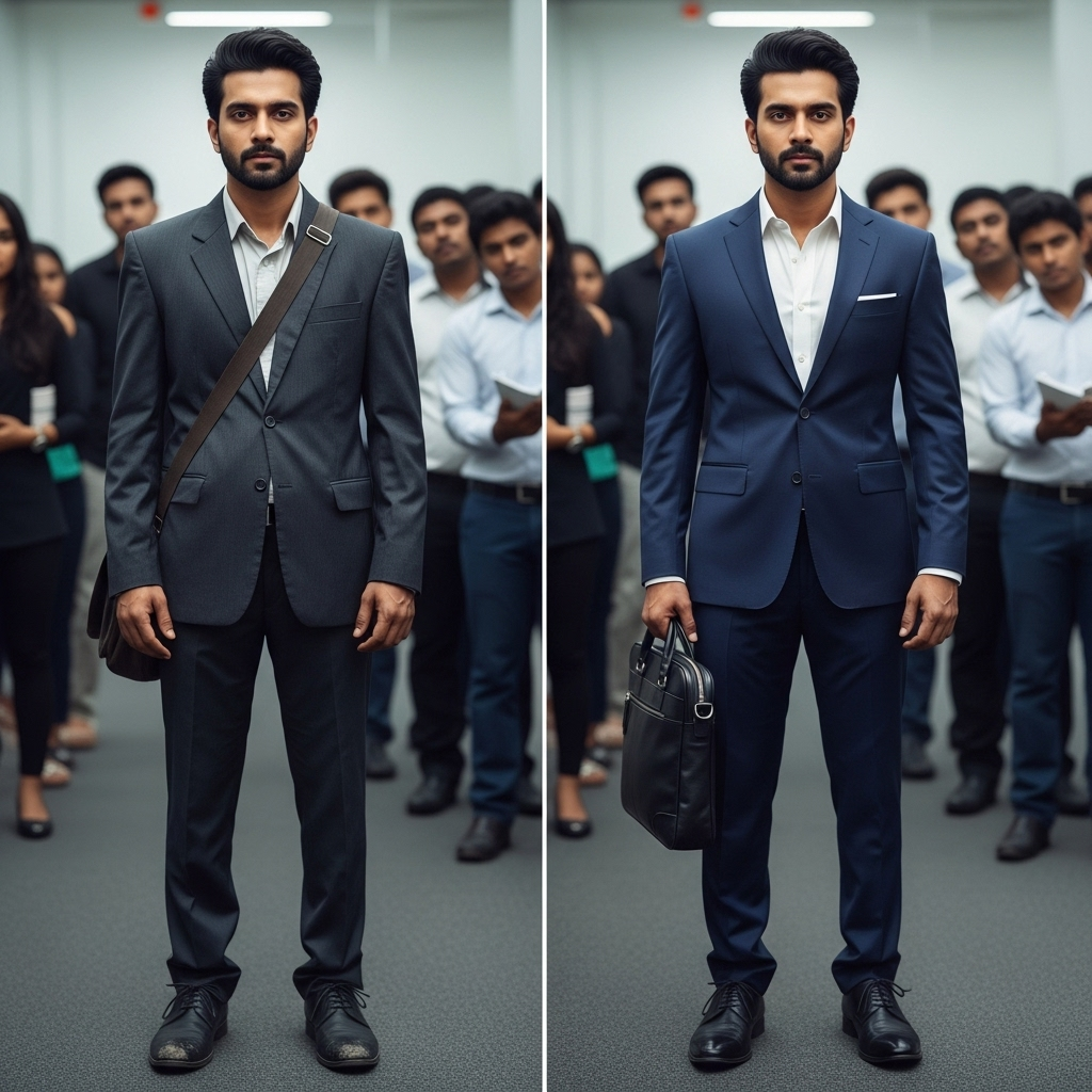 Side-by-side comparison of men in job interview attire showing common fashion mistakes versus a polished, well-fitted suit, illustrating how clothing and accessories choices and wearing style impact first impressions and hiring decisions for Indian men.