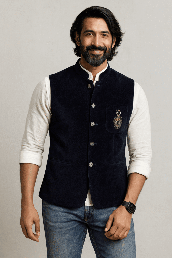 A fusion interpretation of the Nehru jacket, worn casually with denim, shows how the Nehru jacket has evolved beyond its traditional use.