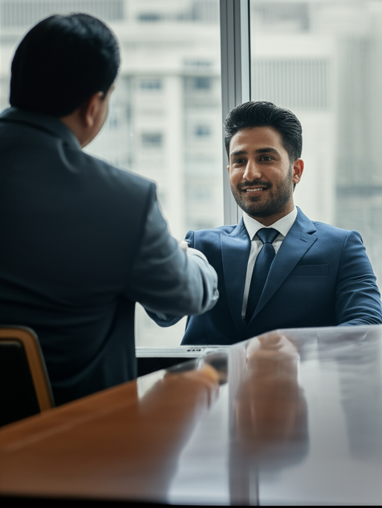 Banking professional in a tailored navy suit during a formal office interaction, illustrating appropriate outfit formulas for interviews, daily banking roles, and client meetings where professionalism and trust are essential.