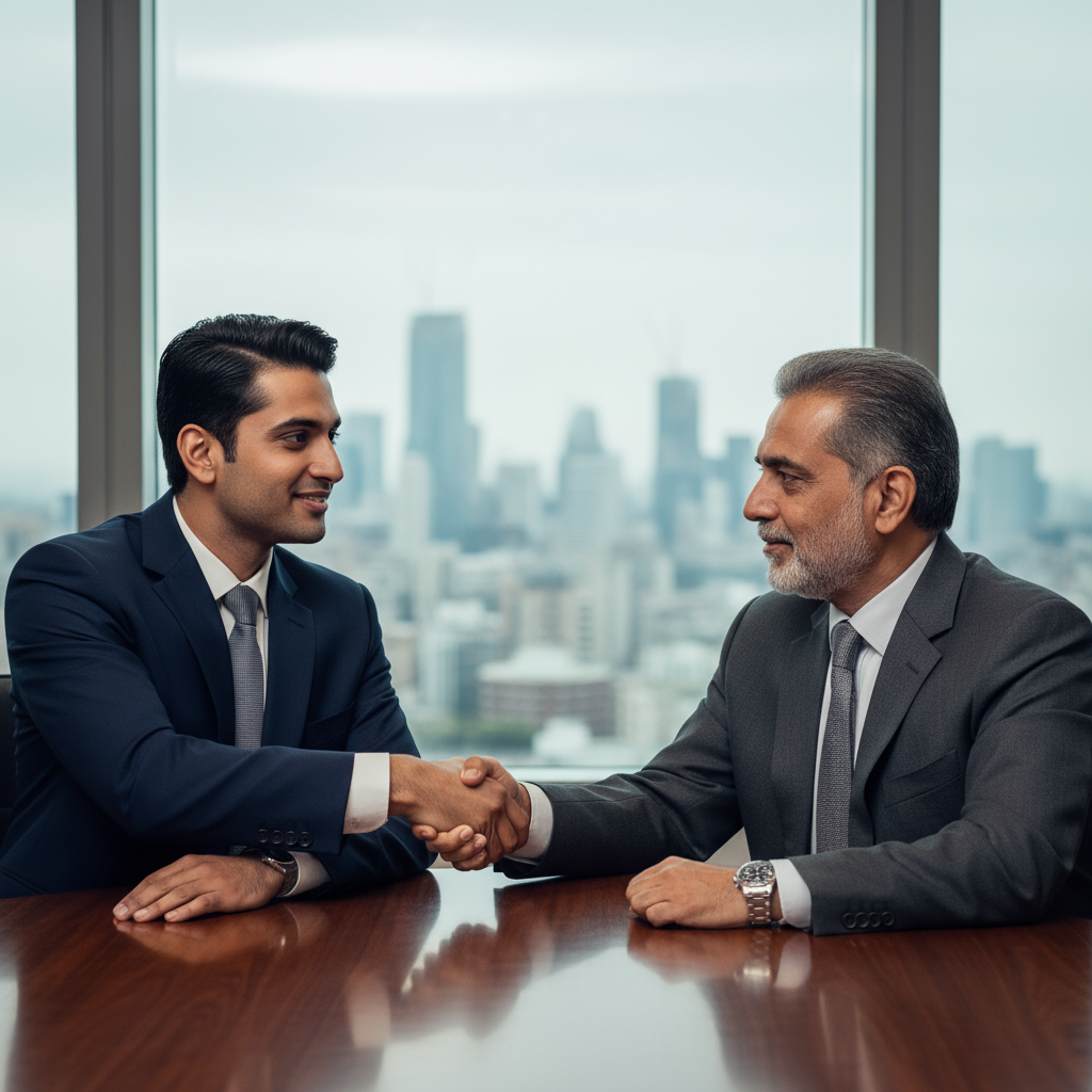 Two banking professionals in a formal office setting shaking hands in tailored business suits, illustrating the importance of precise dressing, professional silhouettes, and attention to detail in the Indian banking dress code.