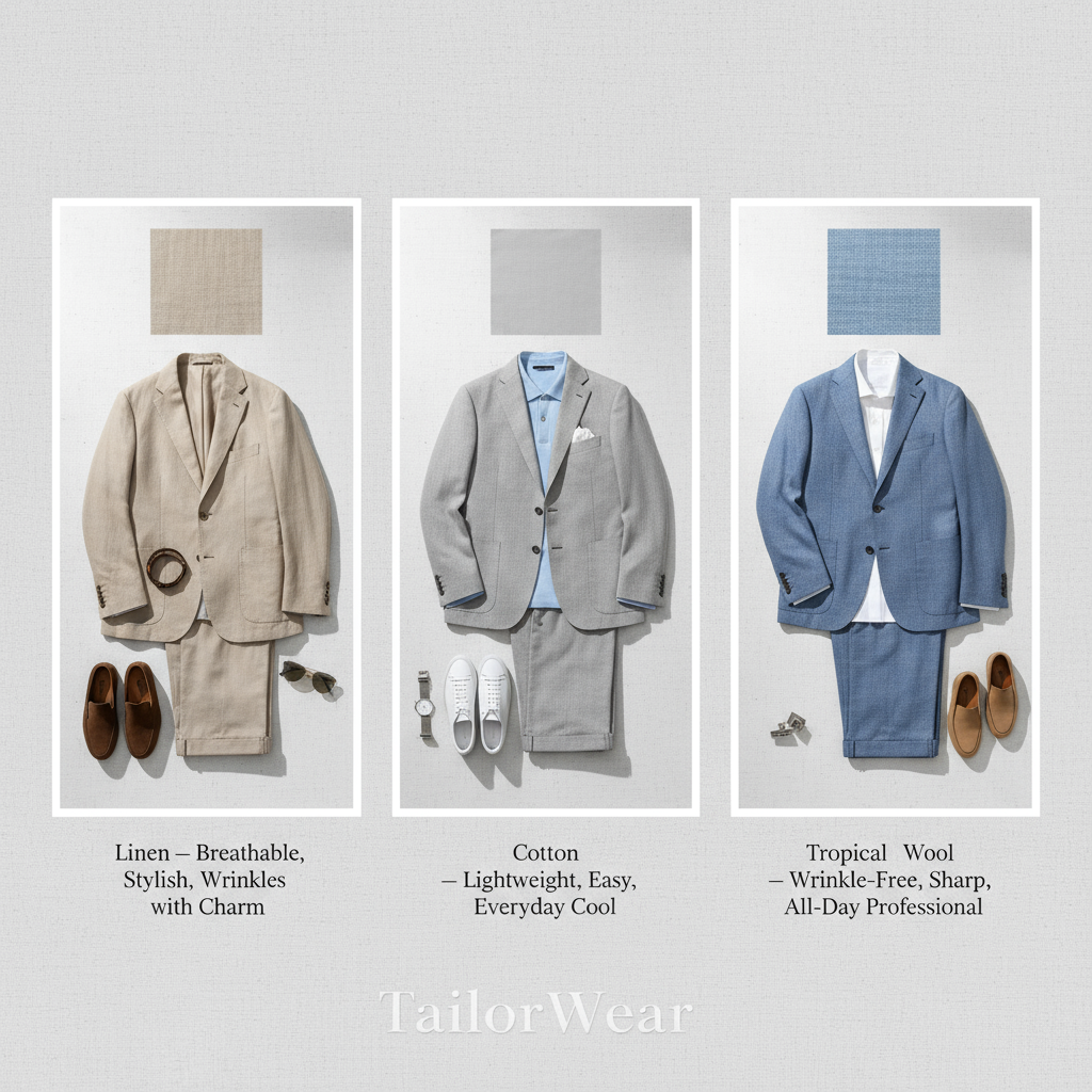 Breathable summer suits by TailorWear, in Linen, Cotton, and Tropical Wool, made in Baird McNutt, VBC & Loro Piana Fabrics.