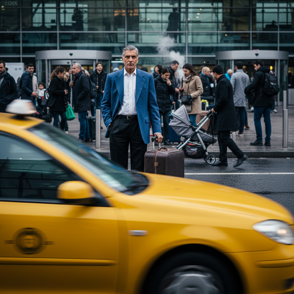 A man wearing a blue blazer with black trousers at the airport setting, illustrating a spezzato styling mistake and highlighting the golden rule of Italian menswear: never mix navy and black in broken suit combinations.