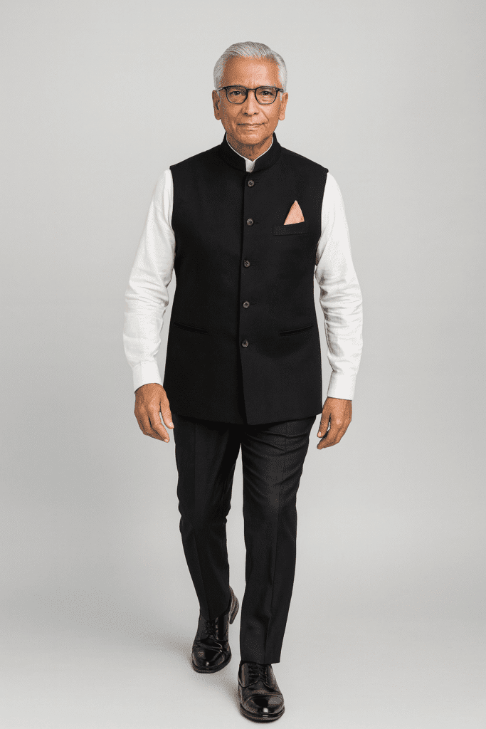 Contemporary interpretation of a Nehru jacket styled with modern Indian formalwear, showing how the Nehru jacket has evolved beyond traditional use.