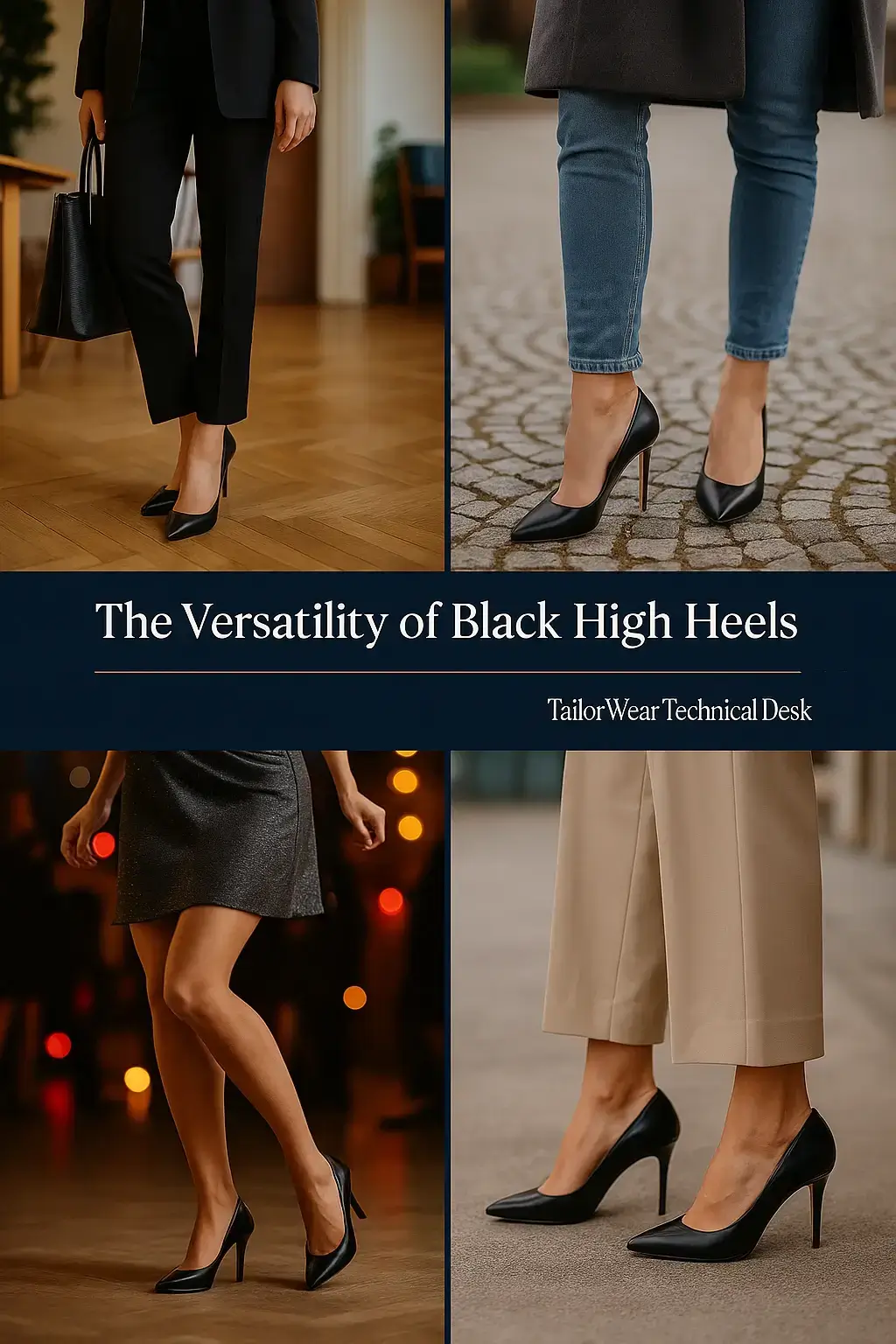 Professional wardrobe essentials for women featuring classic black high heels for executive poise and authority.
