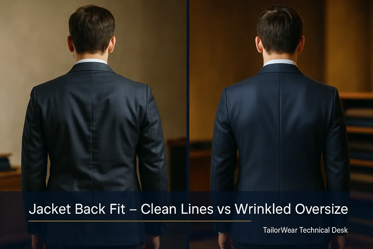 Rear view comparison of a men’s blazer showing clean, sculpted back fit versus wrinkled oversized fit, illustrating how precise pattern drafting and bespoke tailoring create smooth lines, proper posture alignment, and flawless jacket construction.