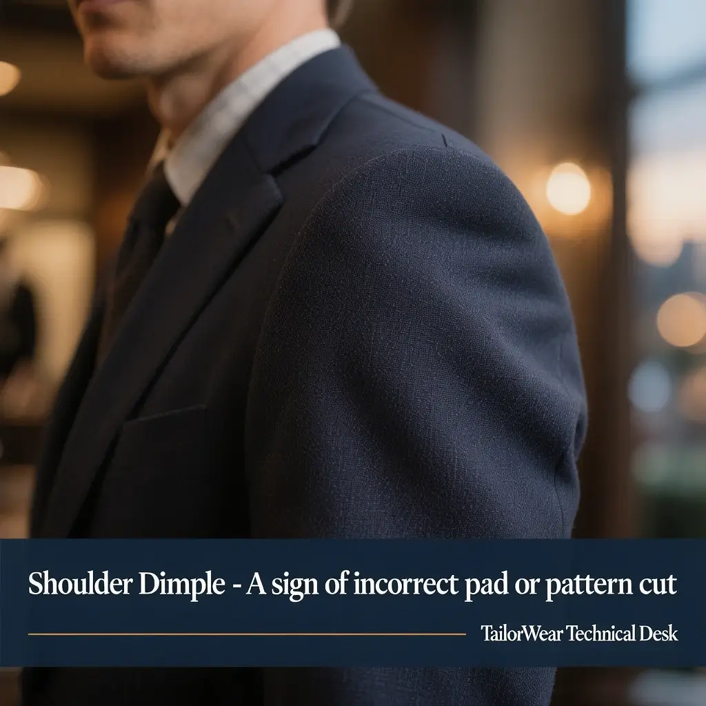 Close-up of a men’s blazer shoulder showing visible shoulder dimpling, illustrating poor jacket fit caused by incorrect shoulder padding or pattern cut, and highlighting the importance of precise shoulder drape in bespoke blazers.