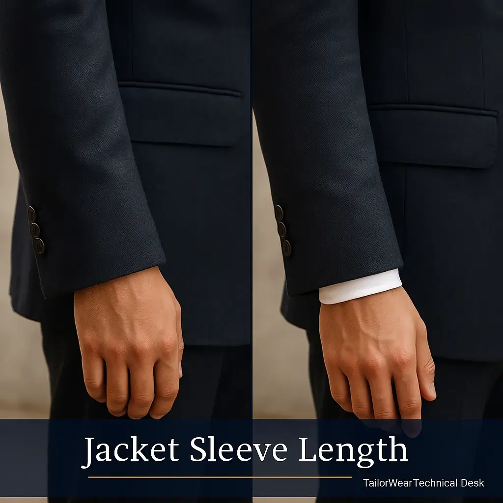 Side-by-side comparison of blazer sleeve length showing correct and incorrect fit, illustrating how proper jacket sleeve length allows a subtle shirt cuff to show and creates balanced proportions in a well-tailored blazer.