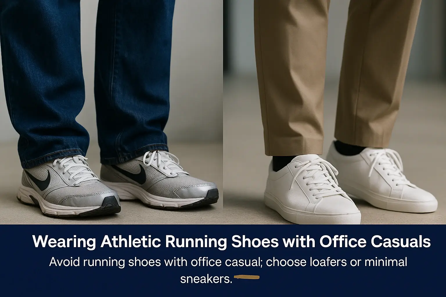 Traditional footwear and dressing mistakes men make by wearing athletic sneakers with formal business attire