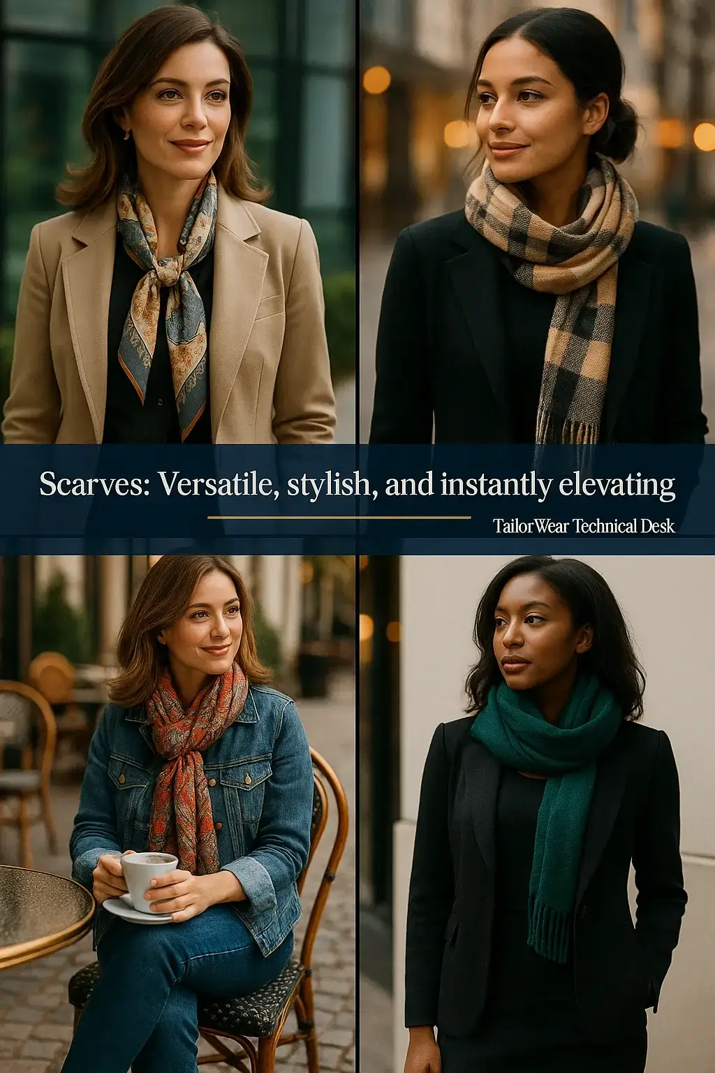 Silk and wool scarves as wardrobe essentials for women to add texture and color to professional outfits.