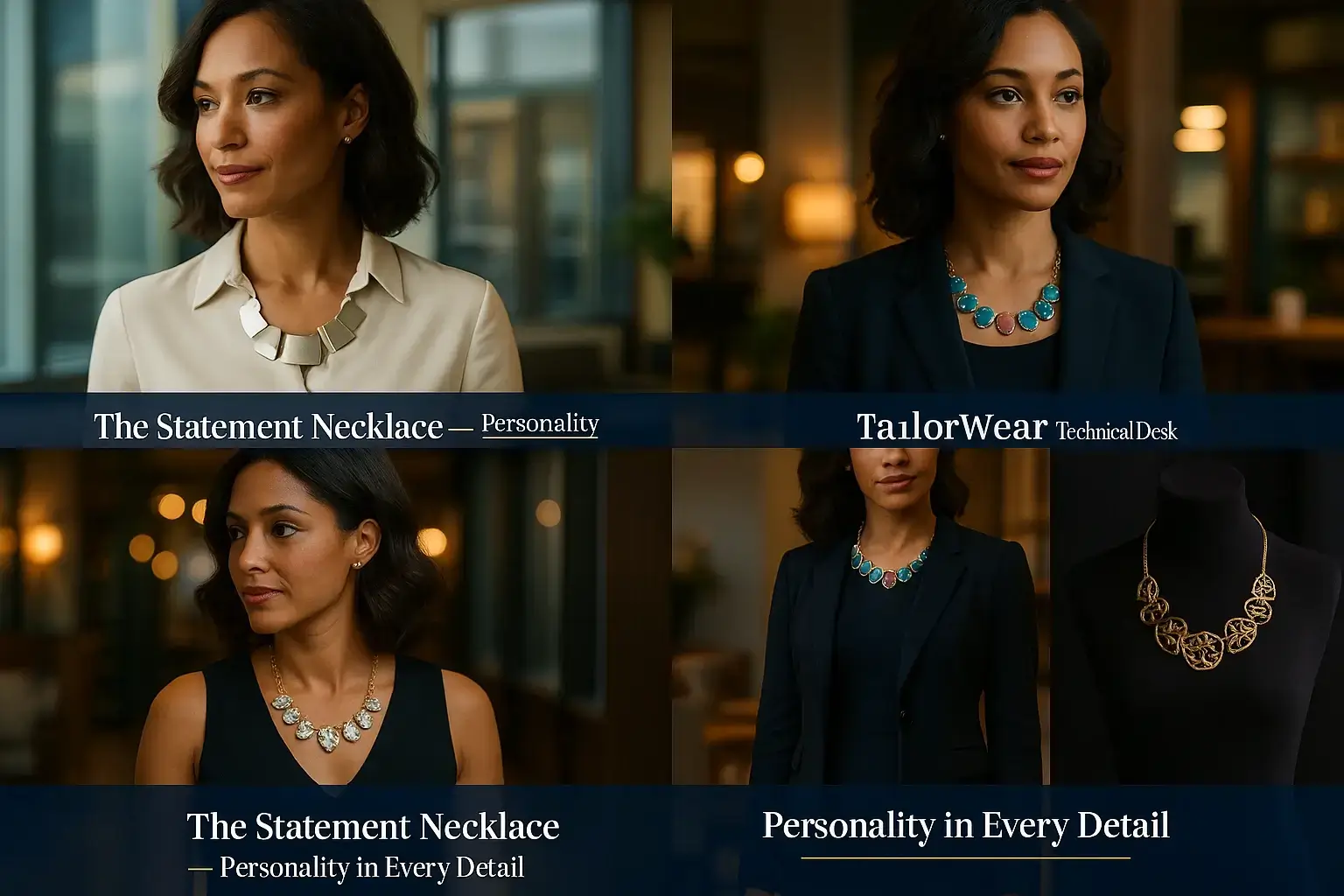 Statement necklace for women: a creative wardrobe essential to elevate professional attire with personality.