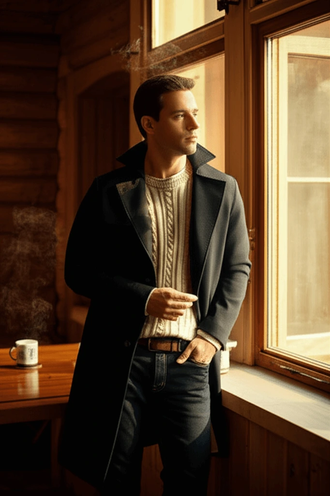 Men’s casual layering outfit featuring a matte black trench coat over a cream cable-knit sweater with dark indigo denim, styled in a warm cabin interior to illustrate refined weekend leisure dressing.