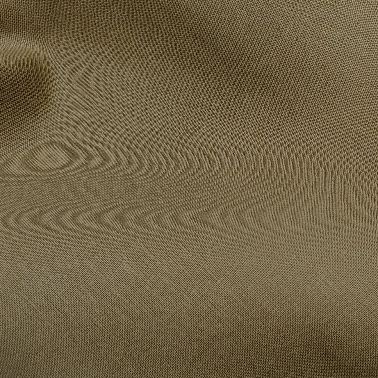Khaki Baird McNutt mercerized linen suiting fabric, fully shrunk, close-up showing fine weave texture and natural matte drape, premium breathable linen for tailored suits, summer jackets, and sophisticated warm-weather menswear.