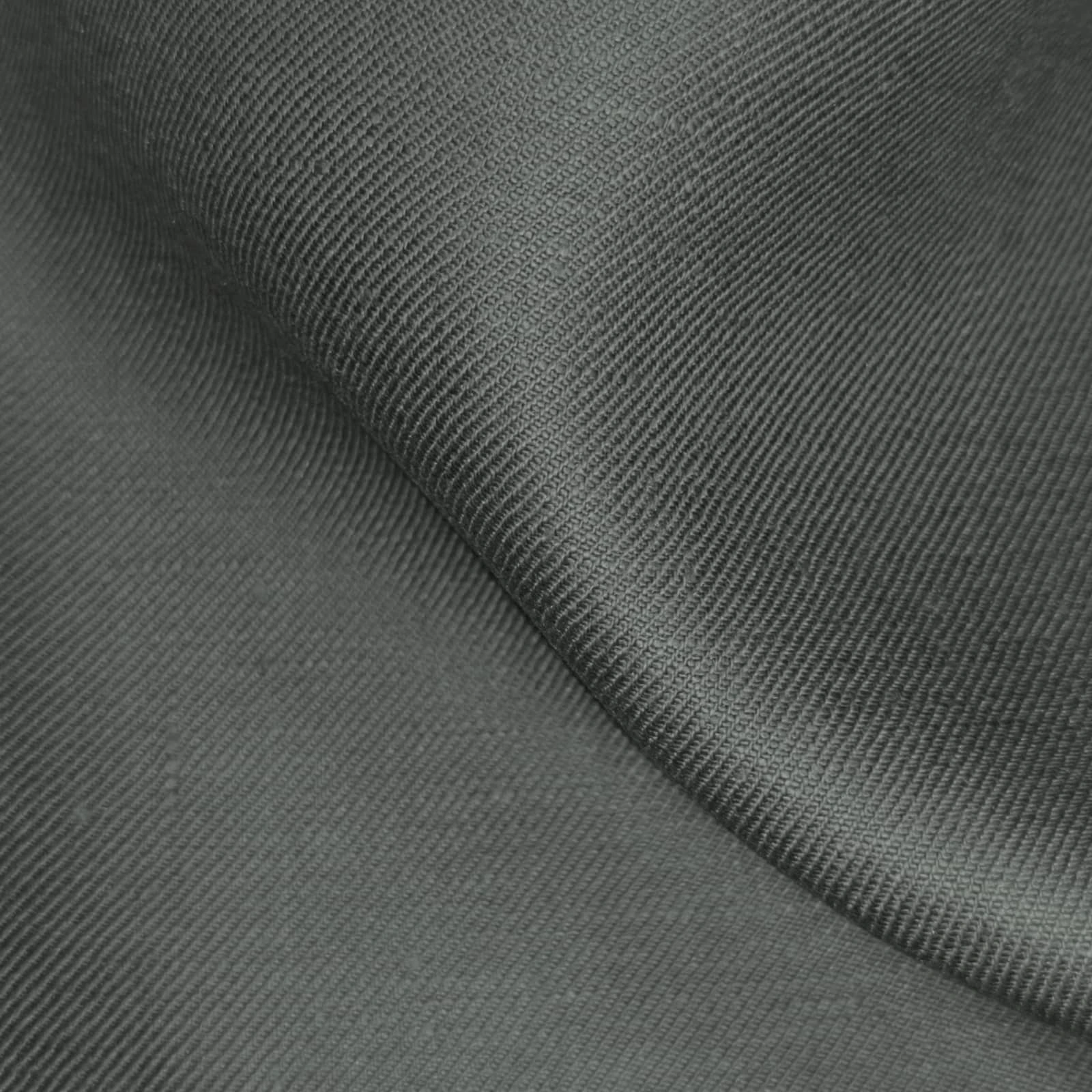Grey twill linen suiting fabric close-up showing fine diagonal weave, crisp structured body, and soft hand feel. Premium breathable linen ideal for tailored suits, summer jackets, business wear, and formal menswear styling.