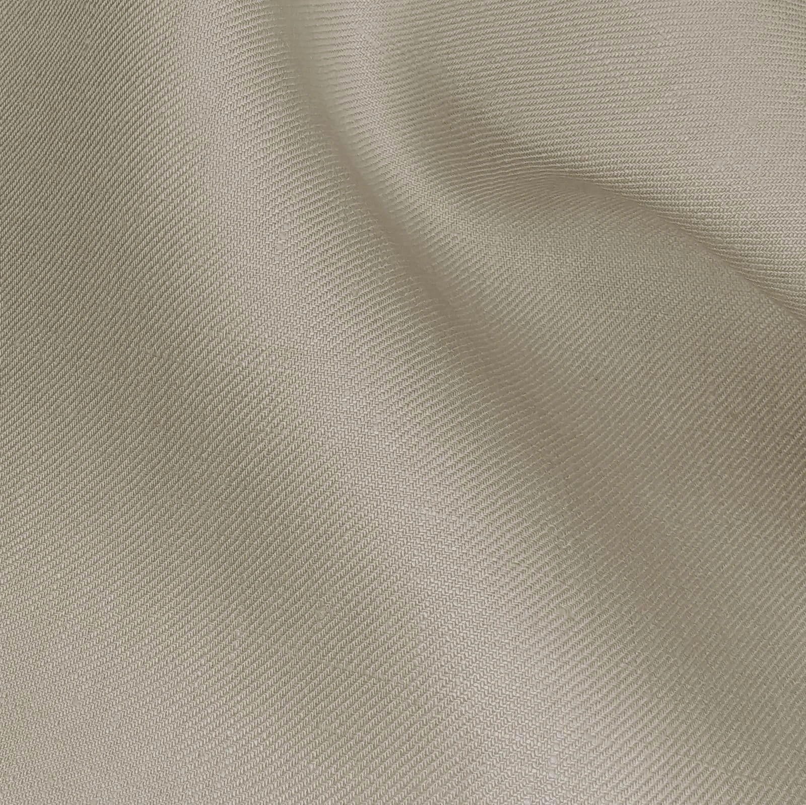 Taupe twill linen suiting fabric close-up showing fine diagonal weave, crisp structure and soft hand feel, premium breathable linen ideal for summer suits, tailored jackets, business wear, and refined menswear styling.