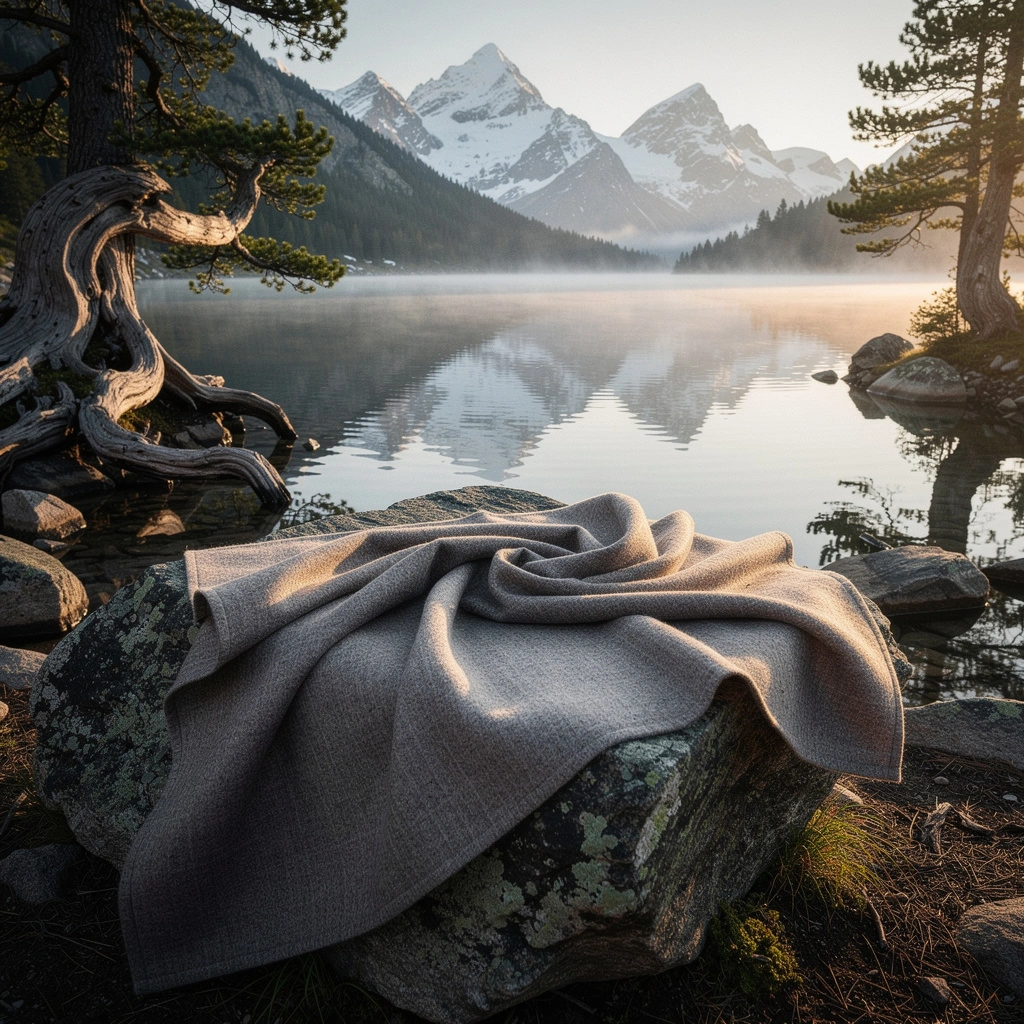 Natural wool fabric draped on a stone beside an alpine lake and mountains, symbolizing TailorWear’s commitment to sustainable luxury, ecological responsibility, and the belief that refined menswear and environmental stewardship are inseparable.