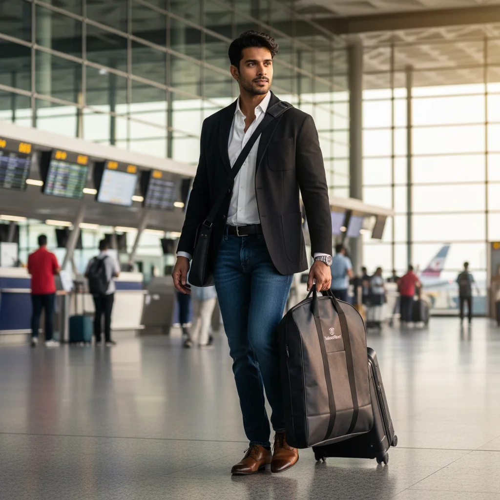 Executive in modern navy suit and carry-on luggage at international airport – global business wardrobe 2026