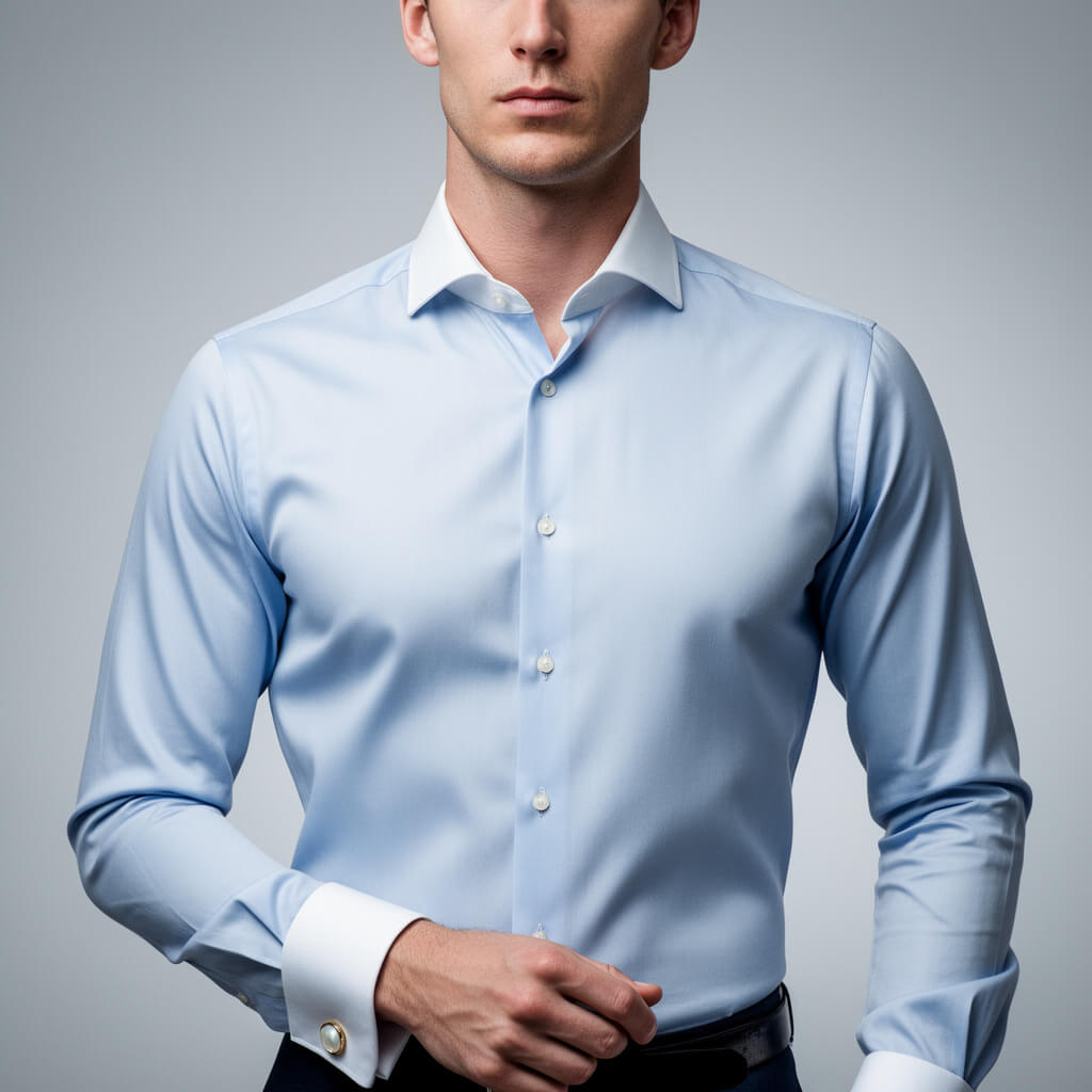 Bespoke men’s banker shirt crafted from premium Italian Albini pale blue cotton, featuring a crisp white contrast spread collar and formal French cuffs for a professional executive look.