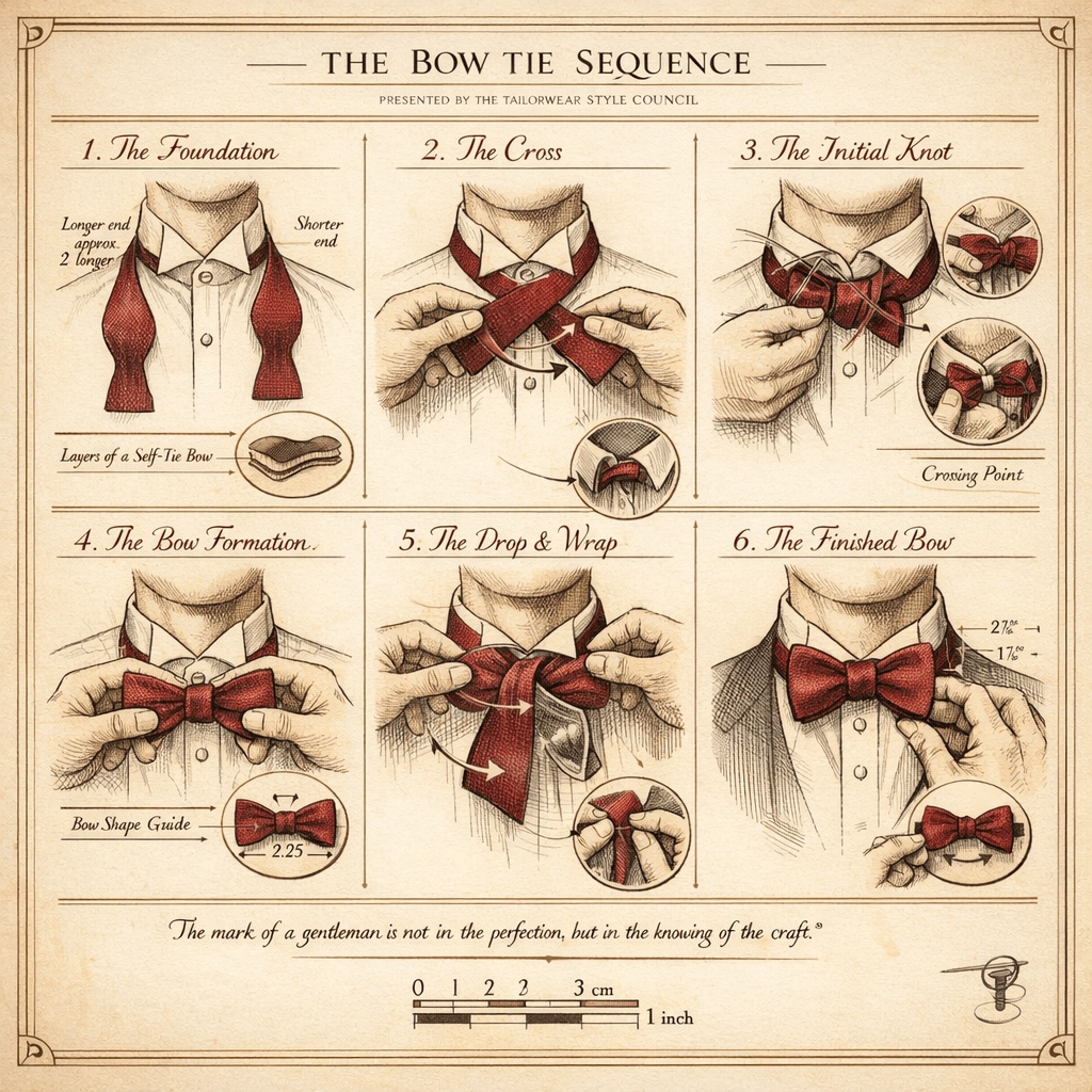Step-by-step illustrated guide showing how to tie a silk grosgrain self-tie bow tie for men, detailing the complete bow tie sequence for classic black-tie dressing by TailorWear Mumbai.