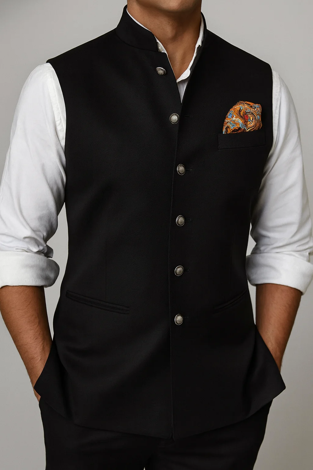 The Clergy bespoke black Bundi waistcoat in a premium wool-silk blend featuring a structured Mandarin collar and hand-finished button details.
