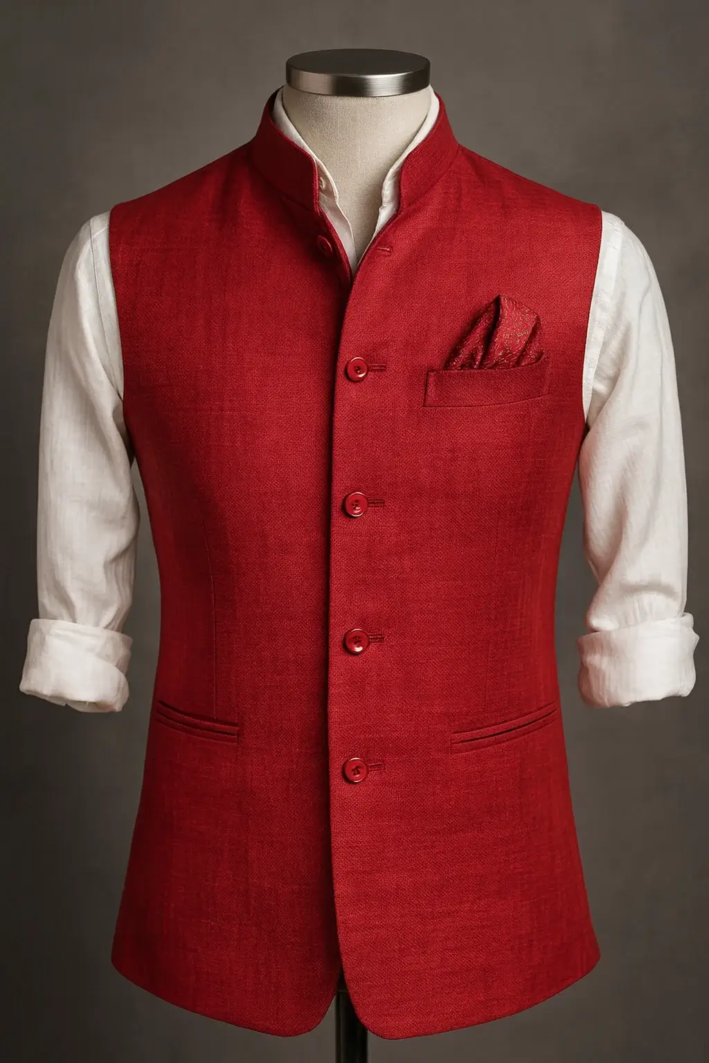 The Clergy-S bespoke ceremonial Bundi in hand-loomed red Matka silk featuring a structured Nehru collar and artisanal tailored finish.