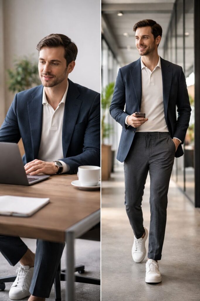 Hybrid workwear men 2026 – same executive in knit blazer on Zoom vs full outfit with drawstring trousers