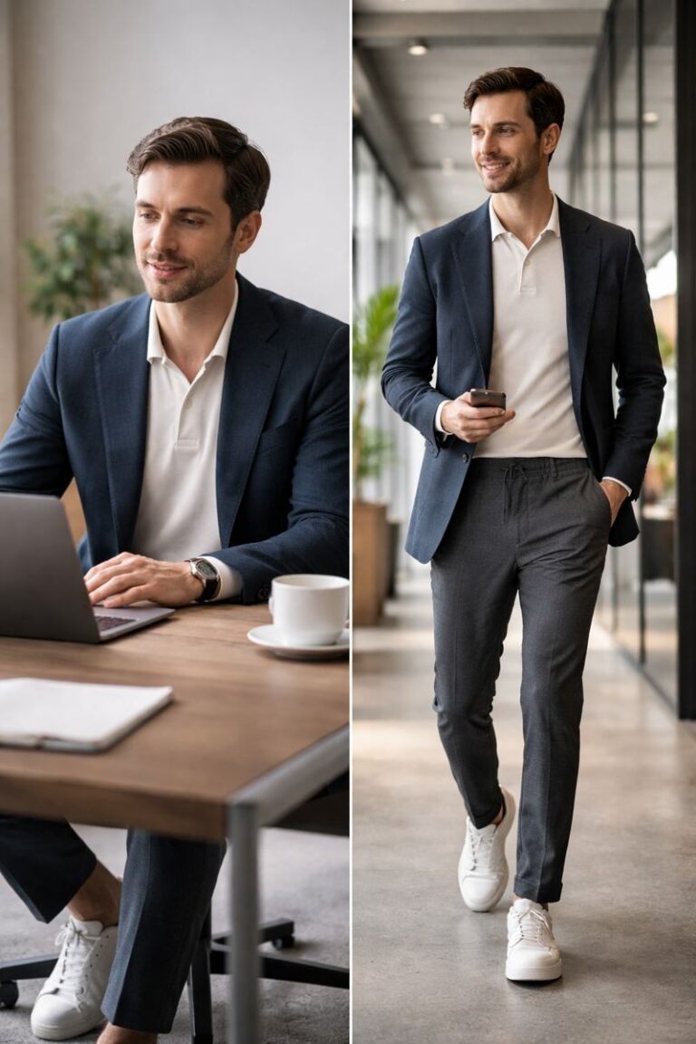 Hybrid workwear for men 2026 - executive blazer and smart trousers on camera and in the office, an essential for the 2026 wardrobe.