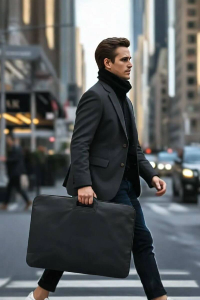 a man walking in the streets of Ney Work wearing a modern suit with narrow calf, high ankle trousers