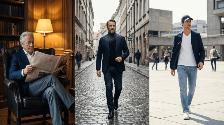 three different men wearing midnight blue blazers and showcasing how versatile a dark blue color, plain weave blazer is