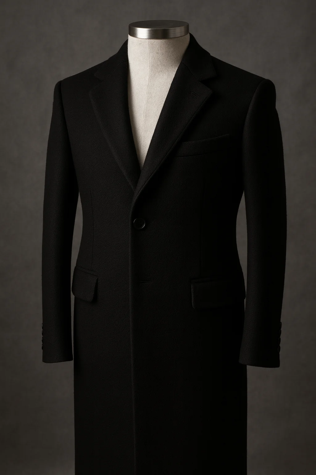 El Cappotto bespoke black overcoat in heavyweight wool-cashmere with broad lapels and hand-finished pick stitching.