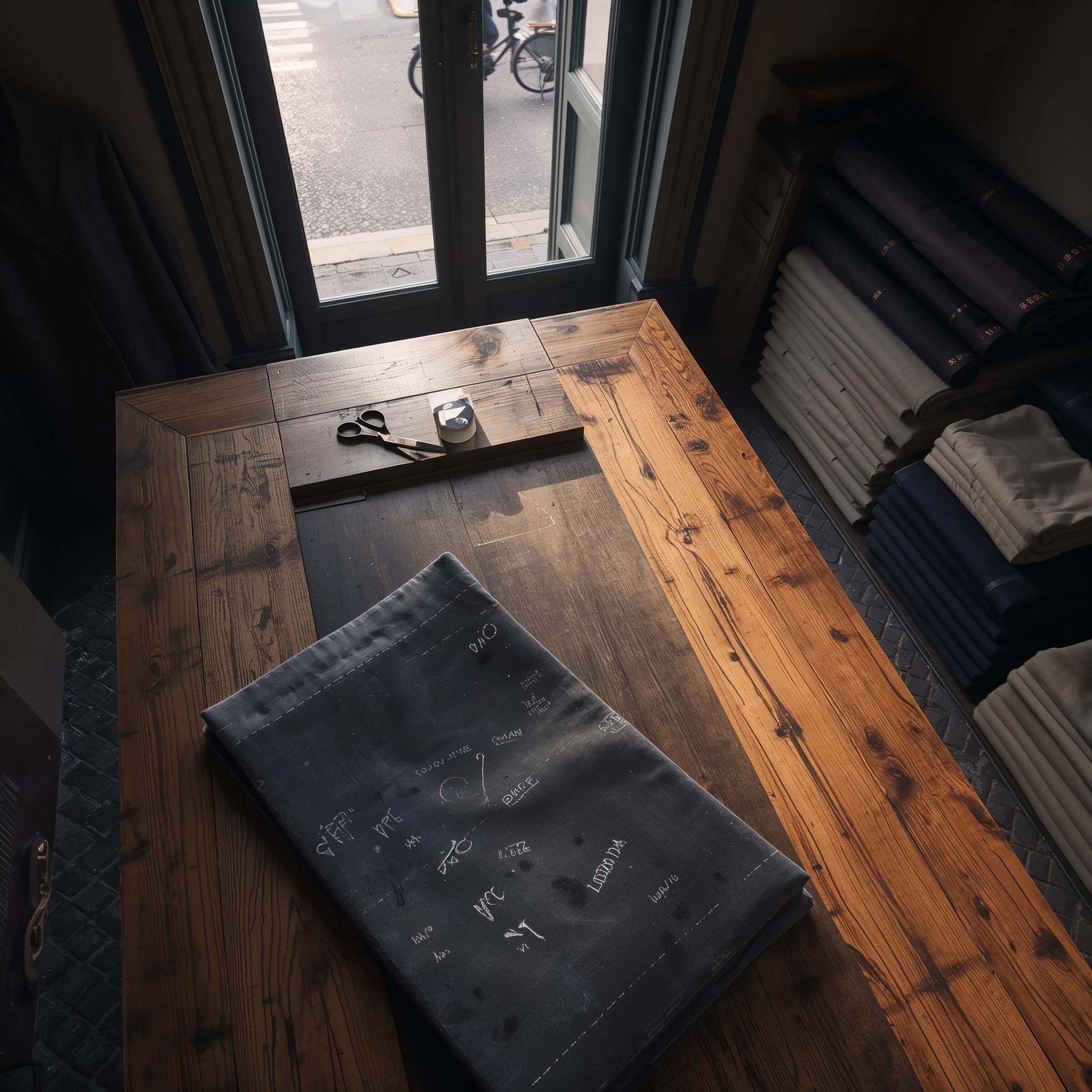 TailorWear international studio partnership workspace showcasing a master tailoring table with pattern drafts and hand-finishing tools, representing global white-label production, precision pattern drafting, fabric sourcing, and luxury garment manufacturing support.