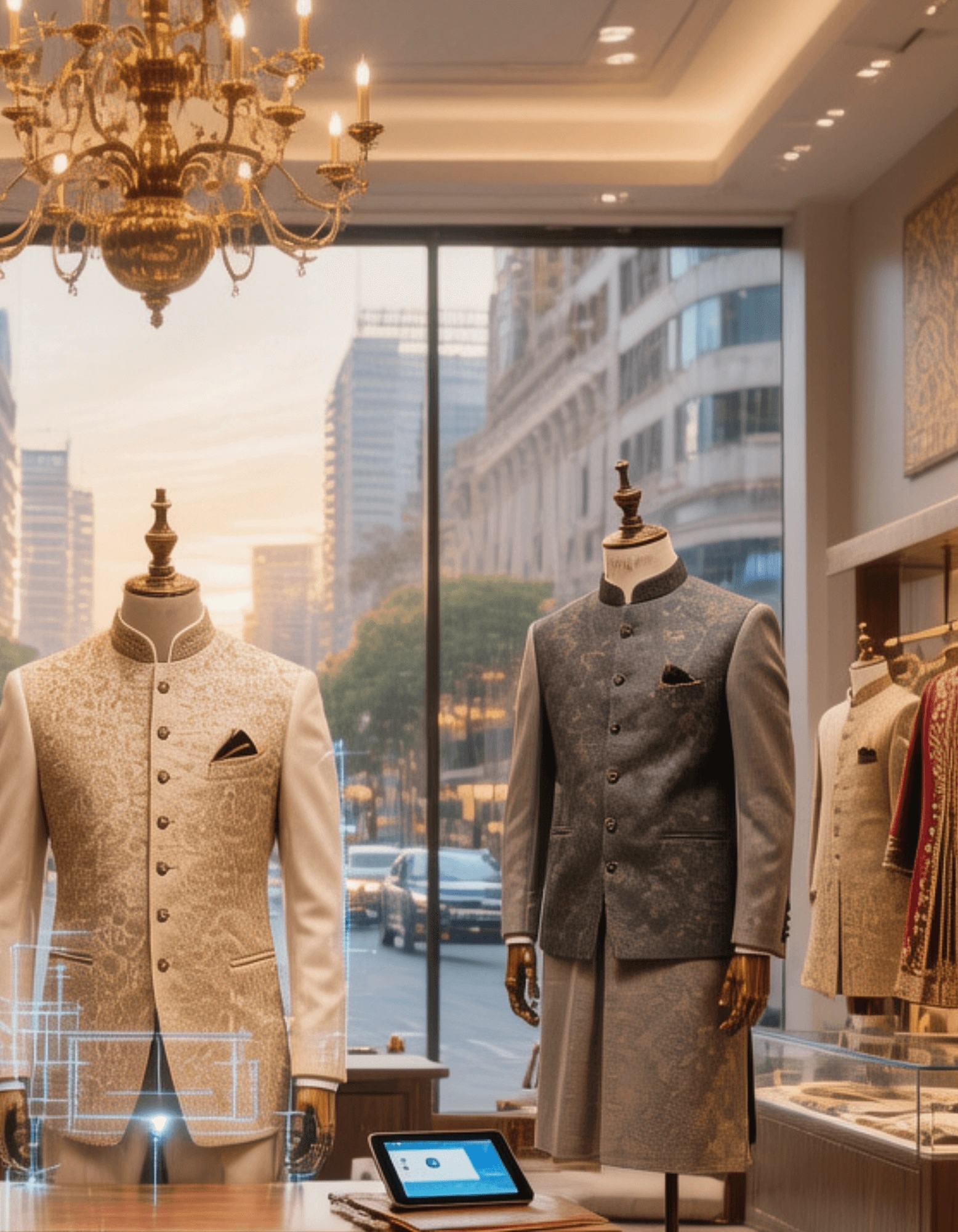Luxury menswear showroom representing TailorWear’s pan-India retail partnership program, showcasing bespoke Indian formalwear on mannequins supported by digital measurement systems, enabling local retailers to deliver custom tailoring with zero inventory risk and operational support.