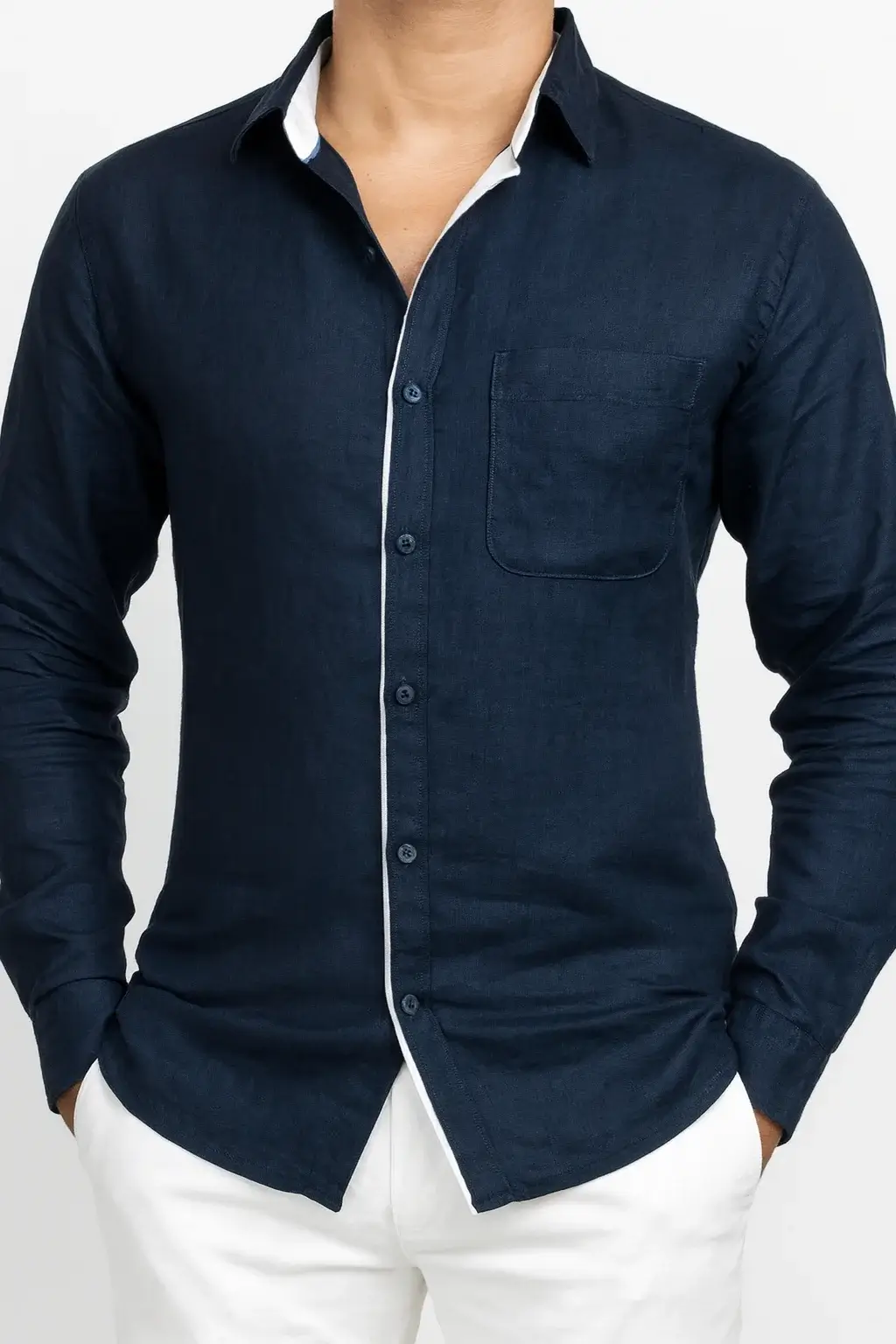 Bespoke midnight blue linen shirt for men featuring Talamanca luxury fabric; a breathable and stylish Italian-inspired resort wear shirt for summer holidays and beach weddings.