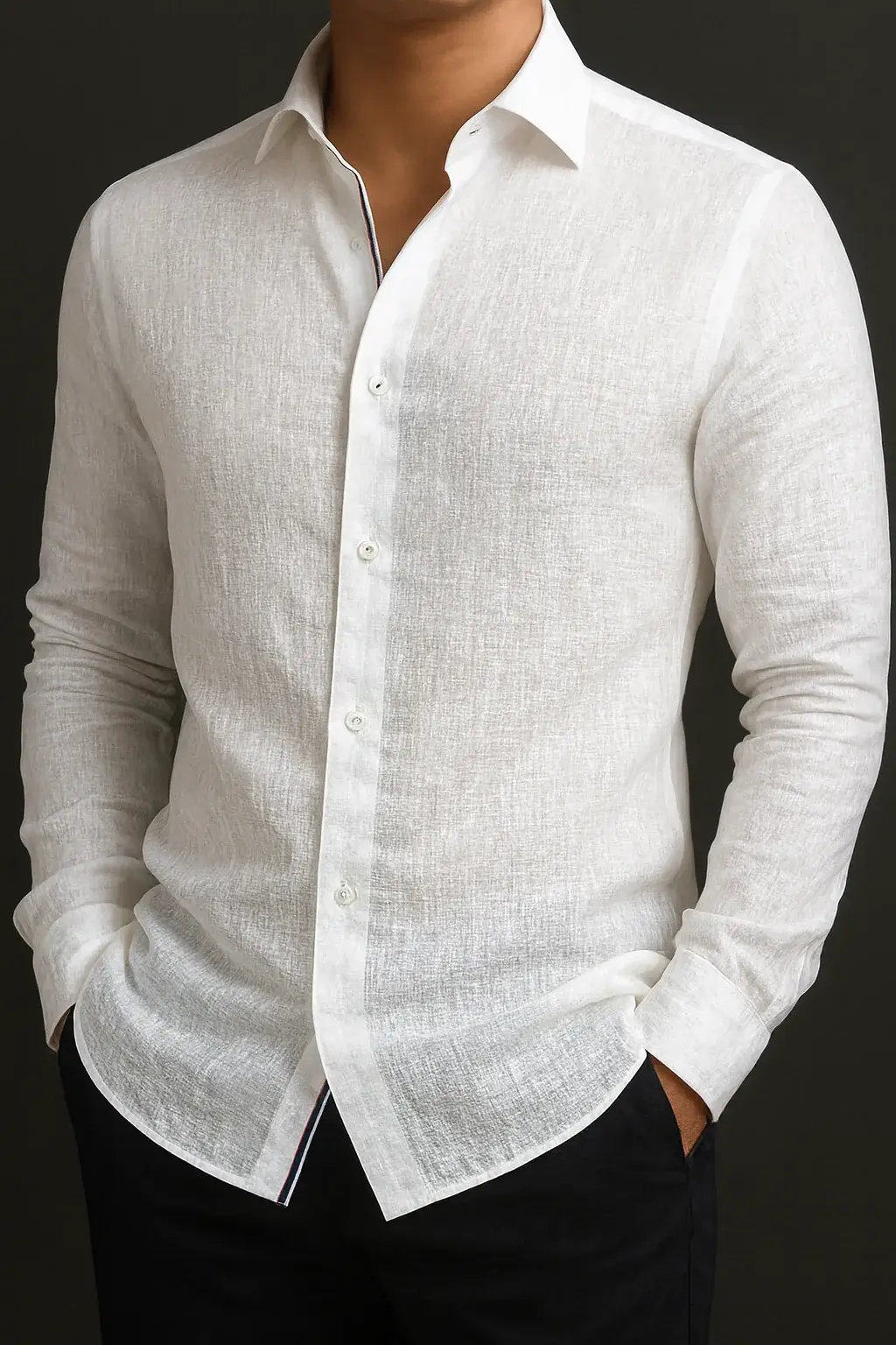 Premium white linen shirt for men featuring the Santorini weave; a crisp, breathable bespoke summer shirt by Tailorwear, perfect for destination weddings and luxury resort wear.