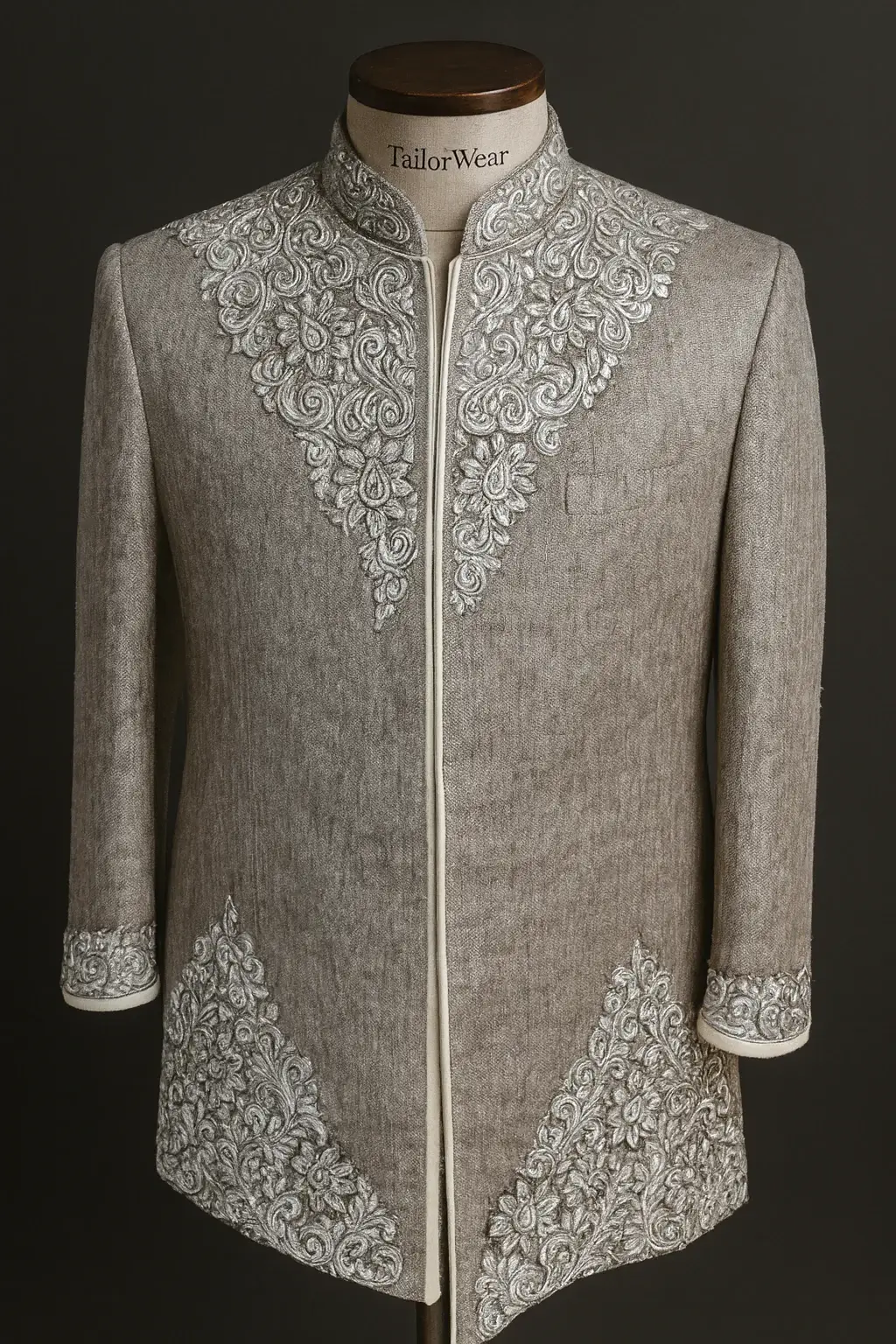 Bespoke linen silk sherwani for men; a modern ethnic groomswear design combining the structure of linen with the luster of silk, custom-tailored by Tailorwear.