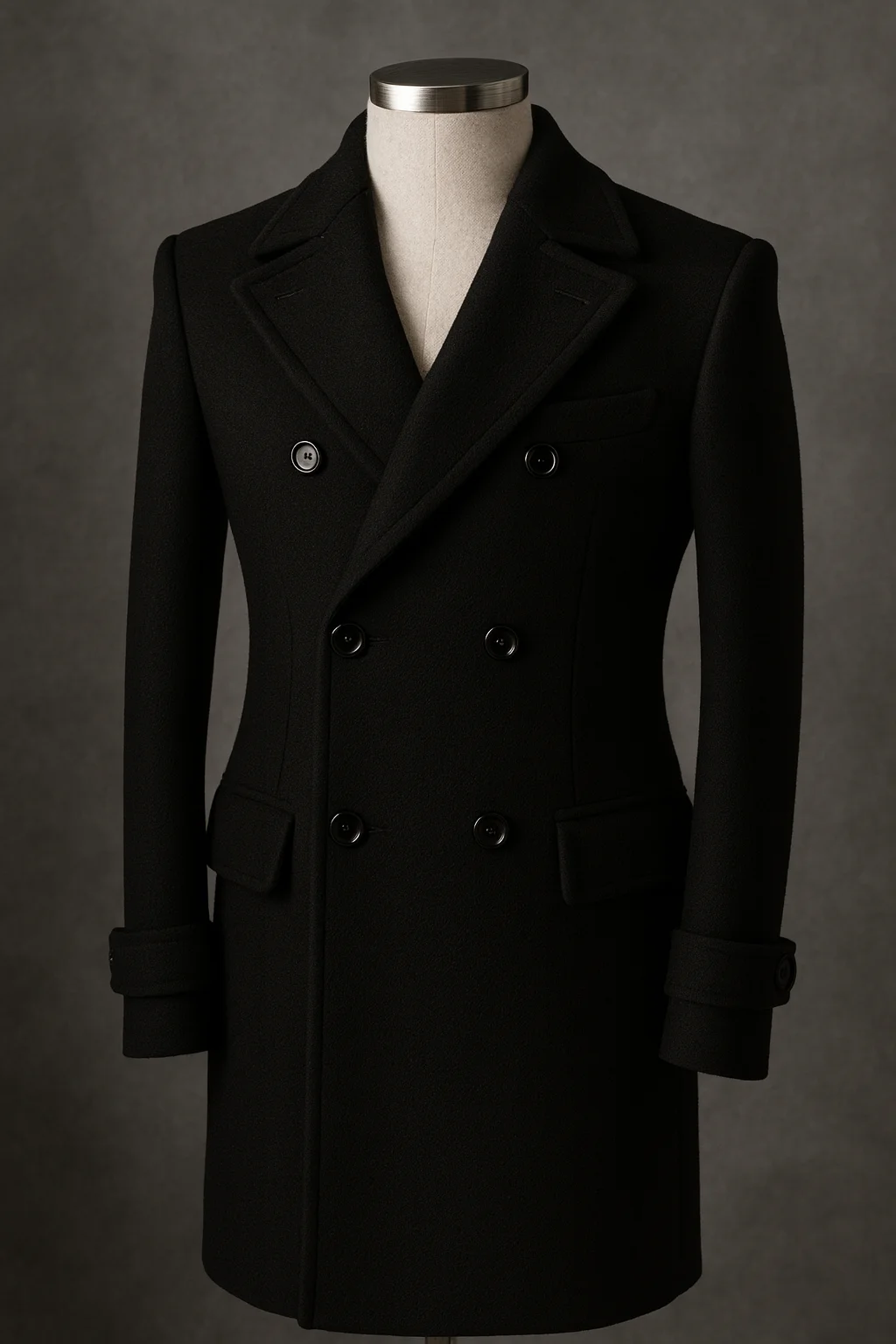 Caban bespoke double-breasted peacoat in heavyweight black Melton wool featuring an oversized Ulster collar and vertical hand-warmer pockets.