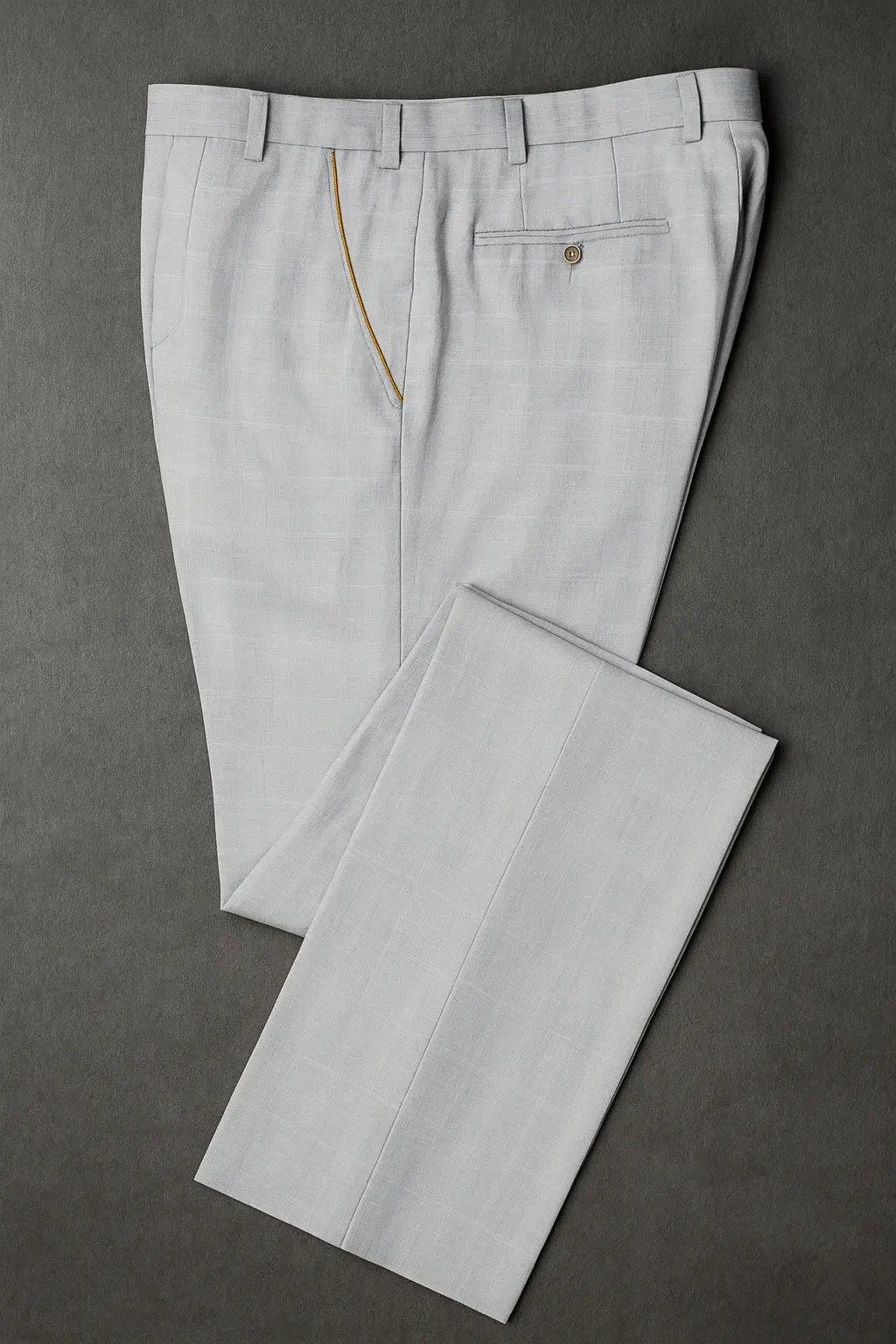 The Dandy bespoke charcoal grey trousers in Super 120s wool featuring a sharp permanent crease and internal protective shoe tape at the hem.