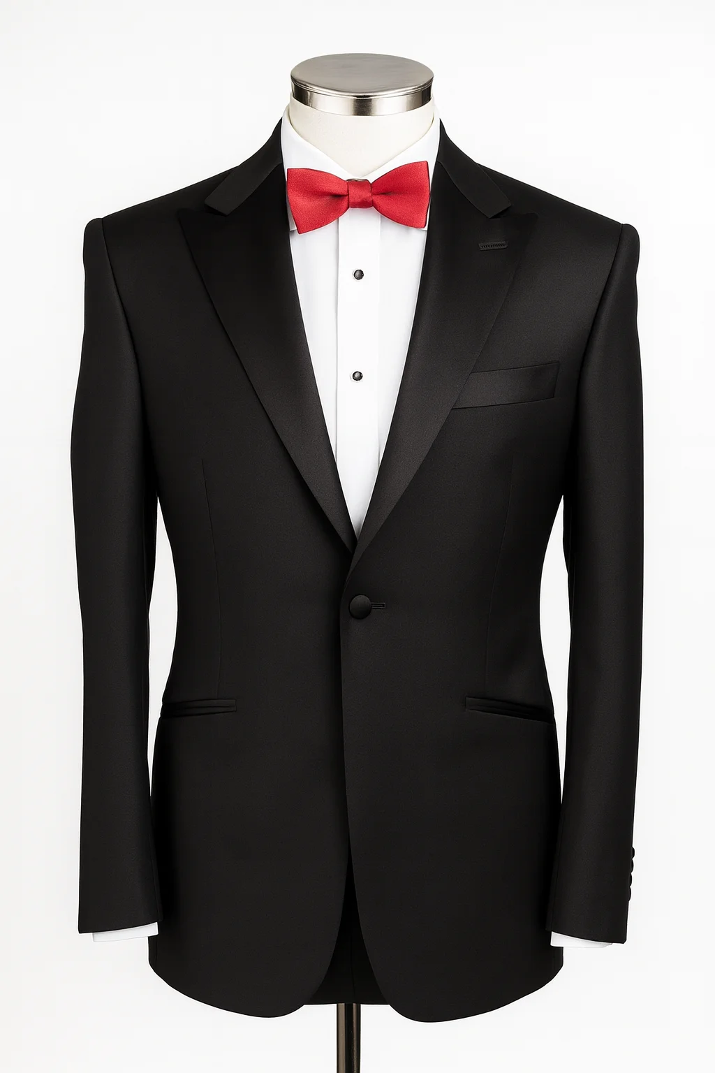 Edward VII bespoke black tuxedo in Loro Piana wool silk blend featuring silk grosgrain peak lapels and a single-button closure.