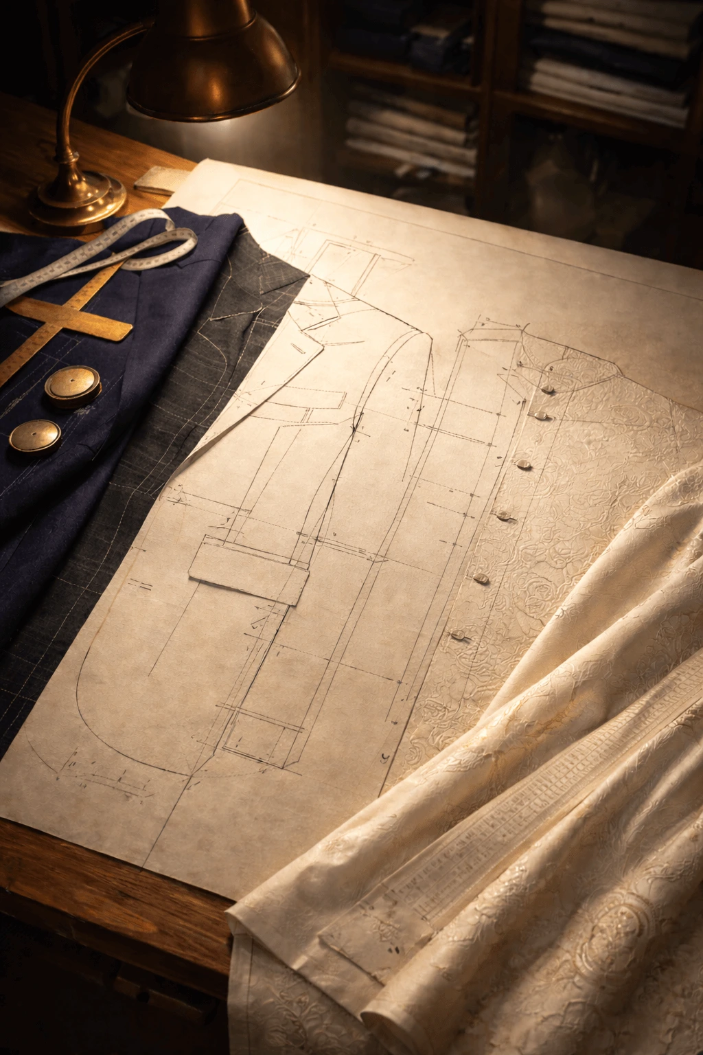 Bespoke tailoring pattern drafting for a suit and bandhgala on a cutting table at a bespoke atelier in Mumbai