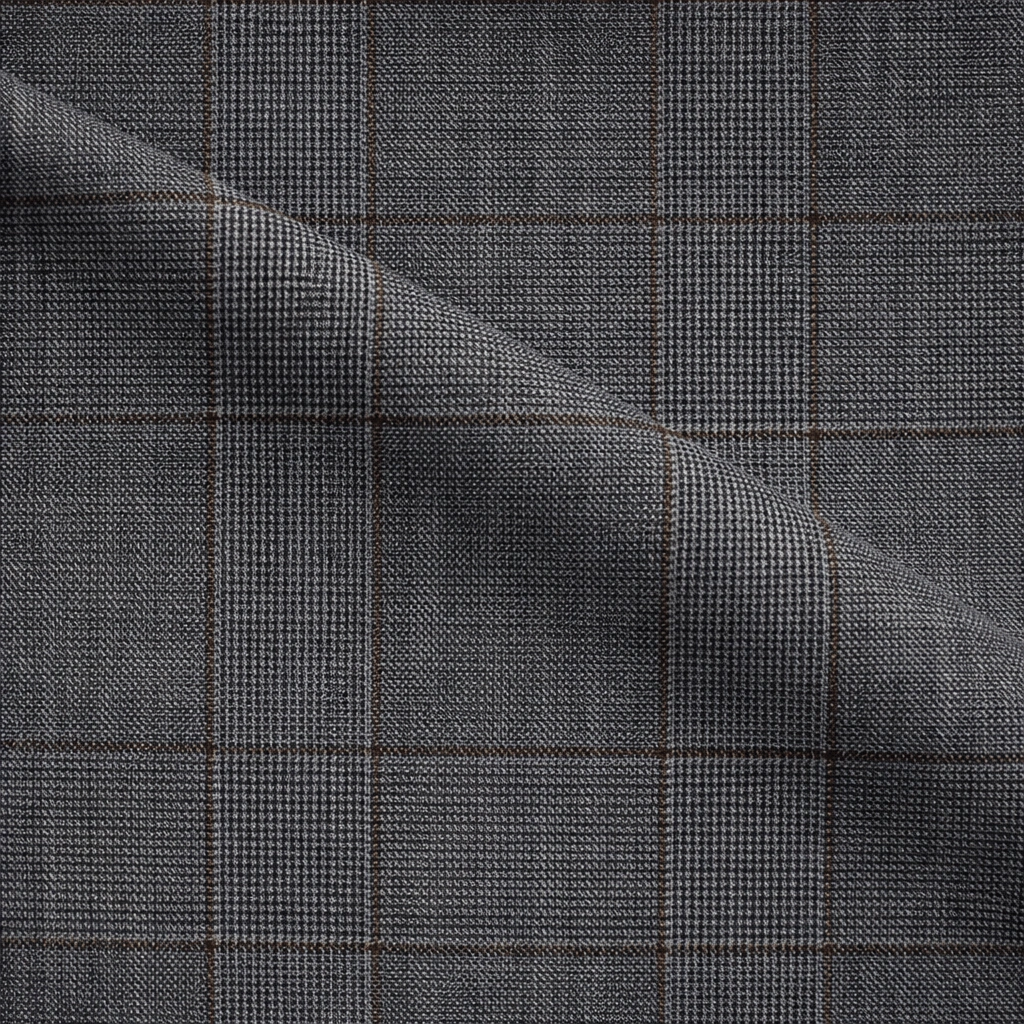 VBC light grey Glen check wool suiting fabric with brown overcheck, Super 150s Italian wool, classic Prince of Wales pattern for business suits, tailored jackets, and premium bespoke menswear craftsmanship