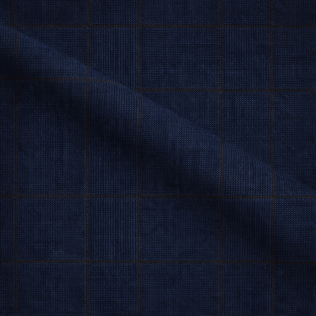 VBC dark blue Glen check wool suiting fabric with brown overcheck, Super 150s Italian wool, classic Prince of Wales pattern for business suits, tailored jackets, and premium bespoke menswear craftsmanship