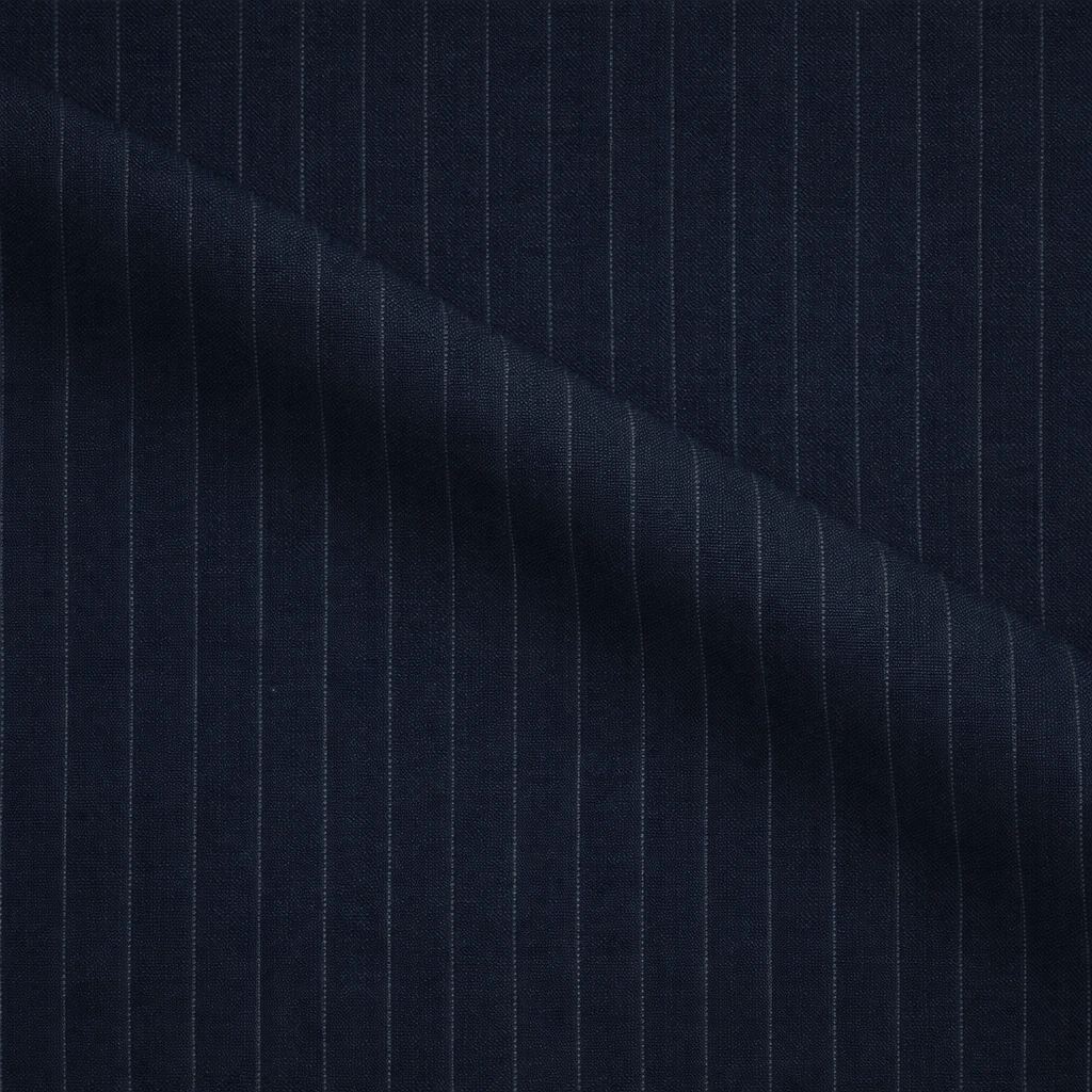 VBC dark blue pinstripe wool suiting fabric close-up, Super 110s Italian wool with narrow stripe pattern, ideal for business suits, formal tailoring, and premium bespoke menswear craftsmanship