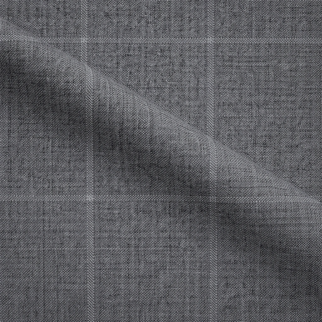 VBC light grey windowpane check wool suiting fabric close-up, Super 110s Italian wool with subtle textured checks, ideal for business suits, tailored jackets, and premium bespoke menswear craftsmanship