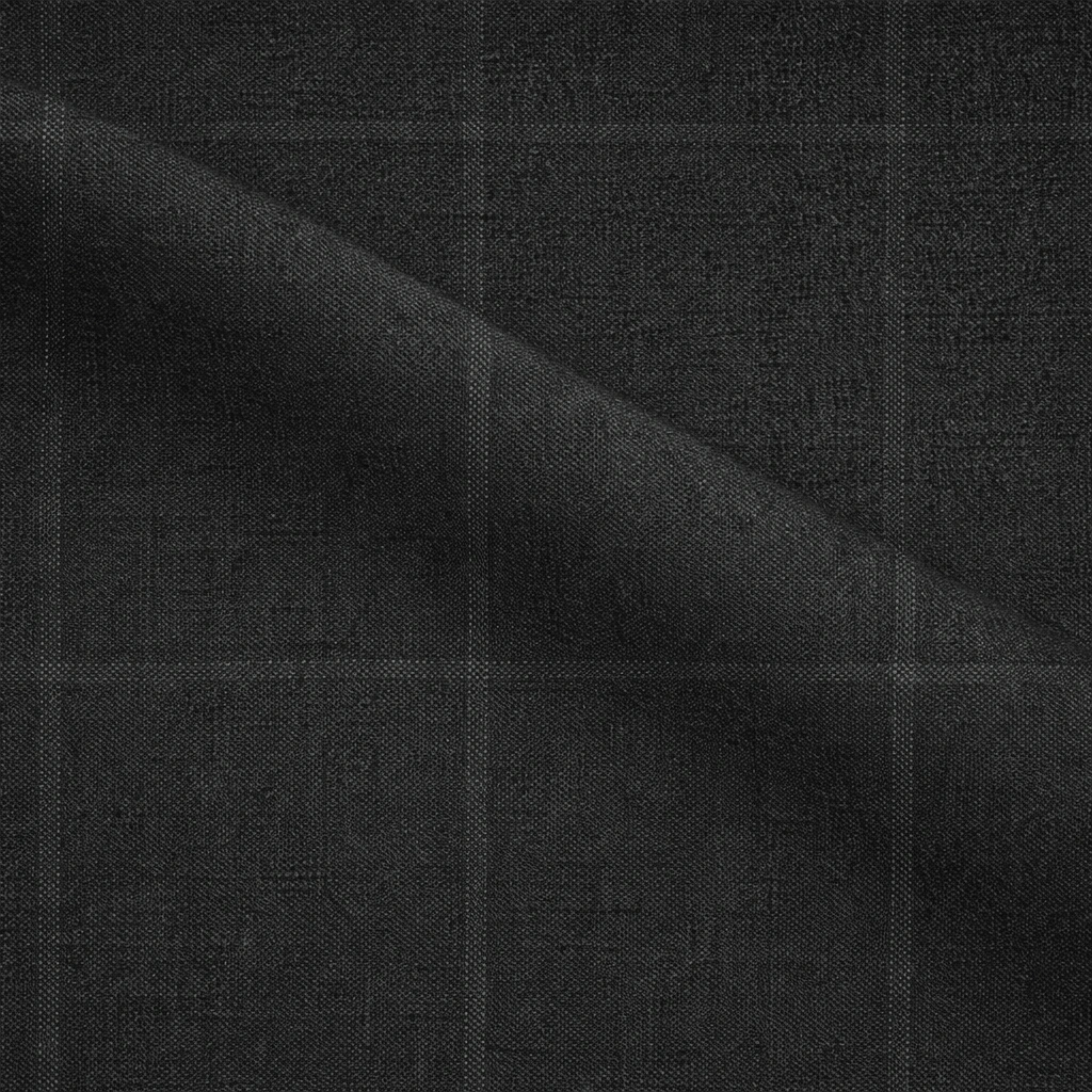 VBC grey windowpane check wool suiting fabric close-up, Super 110s Italian wool with subtle tonal checks, ideal for business suits, tailored jackets, and premium bespoke menswear craftsmanship
